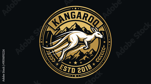 Vintage Kangaroo Emblem Logo Design with Mountain Badge and Sporty Vector Style