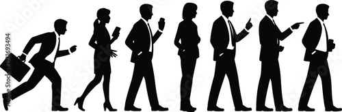 Professional business people silhouettes set working walking standing in suits on transparent background