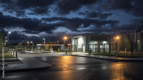 Night Exterior of Secure Data Center Campus with Perimeter Fencing and Security Infrastructure