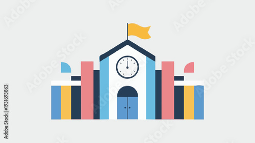School Building with Clock and Flag Flat Icon for Education Apps and Websites