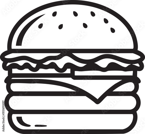 A detailed line drawing depicts a large cheeseburger on a plate