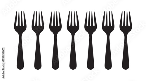 Dining fork icon set with kitchen cutlery utensil symbols black silhouette vector collection isolated on white background