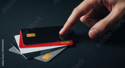 A hand interacting with a stack of credit cards on a dark surface