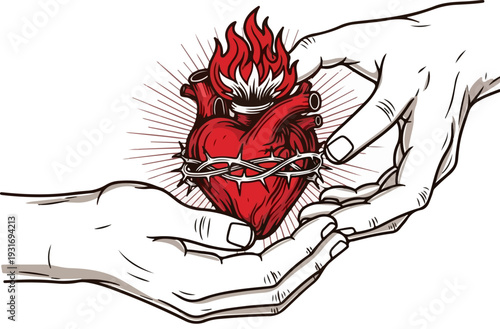 Sacred Heart with Thorns and Flames Held by Hands Vector Illustration