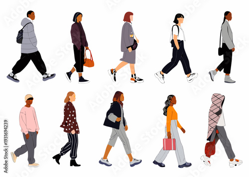 Diverse group of people walking in a minimalist flat illustration style