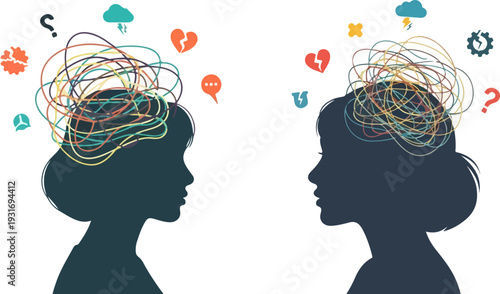 Two Female Silhouettes with Tangled Thoughts and Emotional Icons Vector