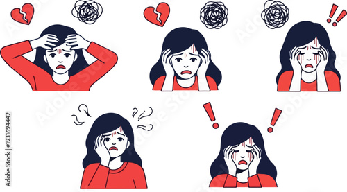 Set of 5 Sad and Stressed Woman Illustrations Vector
