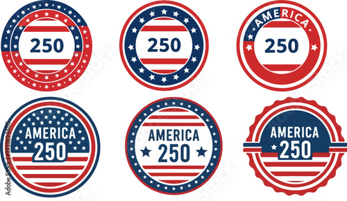 Set of 6 America 250 vector badges with stars and stripes