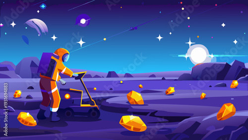 Astronaut exploring a vibrant rocky planet under a starry night sky