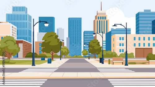 A bright stylized illustration depicts a modern city park and skyline