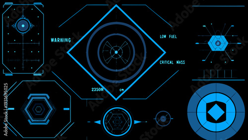 Futuristic heads up display with targeting reticle and technical indicators