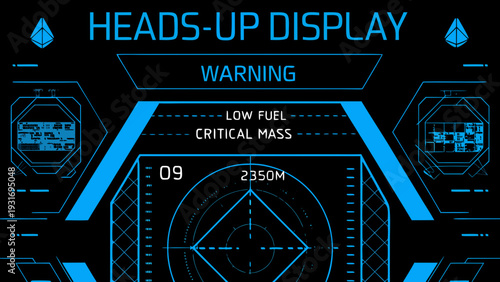 Futuristic heads up display showing a critical fuel warning and radar screen