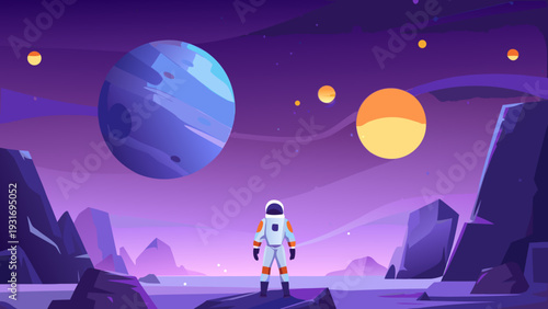 Astronaut exploring an alien planet with planets in the background