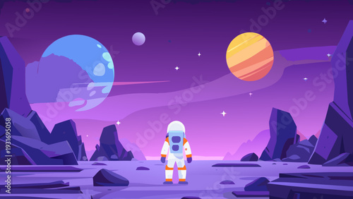 An astronaut stands on a rocky planet gazing at distant planets and stars