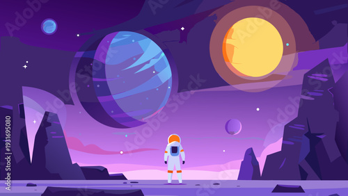 Astronaut gazes at distant planets and a glowing sun in space