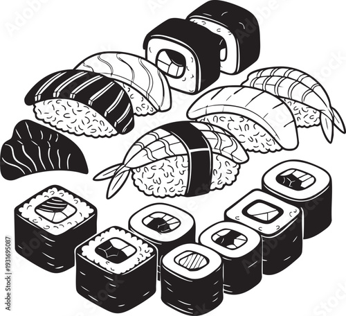 A variety of sushi rolls and nigiri arranged on a plate indoors