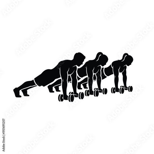 Three Athletes Plank Exercise with Dumbbells Black Silhouette Vector Icon