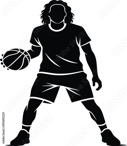 Basketball Player Dribbling Ball Black Silhouette Vector Icon