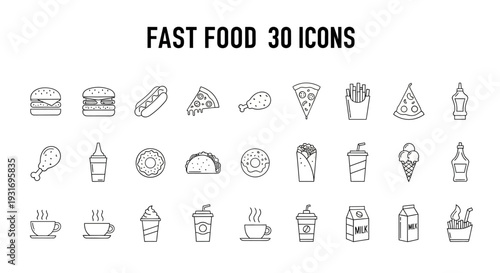 Collection of thirty simple line icons representing various fast food items and beverages.