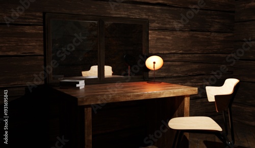 A desk with a window, a dark room, a bookshelf, 3D illustrations.
