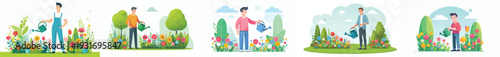 vector of a man happily watering flowers in spring