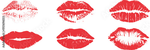Red Lipstick Kiss Marks Collection, Romantic Lips Prints Set for Beauty Fashion and Valentines Graphics, Flat Vector Illustration