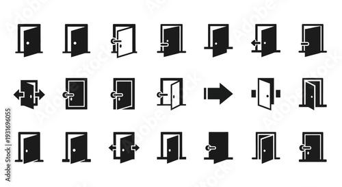 Collection of black and white door icons in various states and orientations.