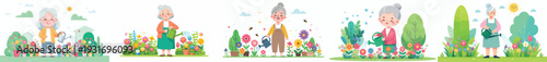 vector of a grandma happily watering flowers in spring