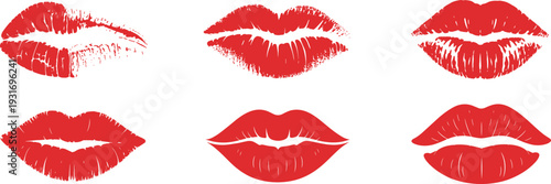 Red Lipstick Kiss Marks Set, Romantic Lips Print Collection for Beauty and Valentines Design, Flat Vector Illustration