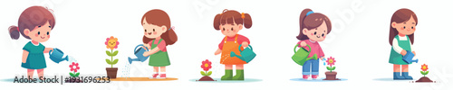 vector of a little girl watering a flower in spring