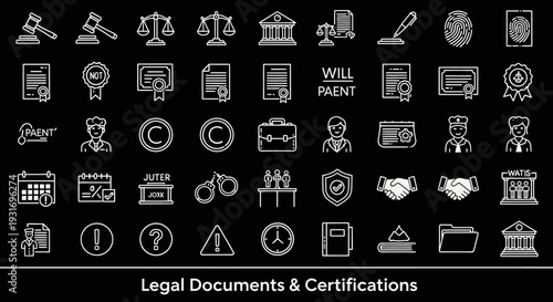 Collection of Legal Documents and Certifications Icons in White on Black Background.