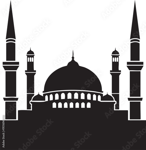 A serene mosque silhouette stands majestically against a white background with minarets and a large dome.