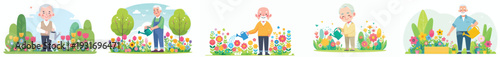 vector of a grandpa happily watering flowers in spring