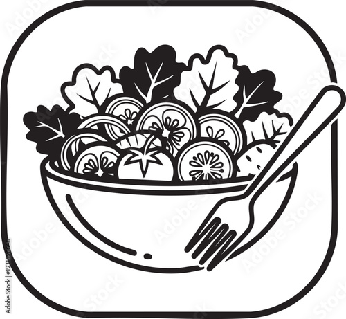 A bowl of salad with vegetables and a fork on a simple background viewed from above