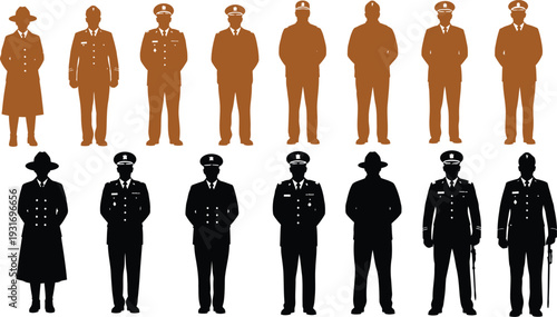 Memorial soldier uniforms and police officers in black and gold silhouettes