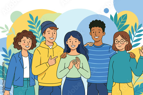 Flat vector illustration of a diverse group of young adults standing together with friendly expressions.