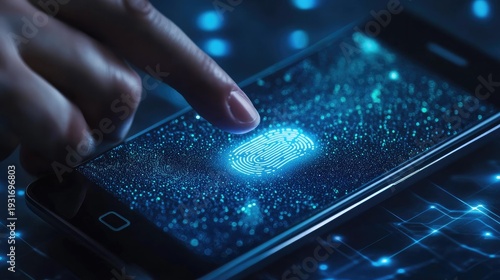 Modern smartphone with glowing fingerprint scanner and digital interface technology, showcasing biometric authentication concept in a high-tech environment