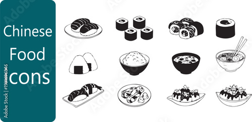 Asian cuisine icons collection featuring sushi and noodles