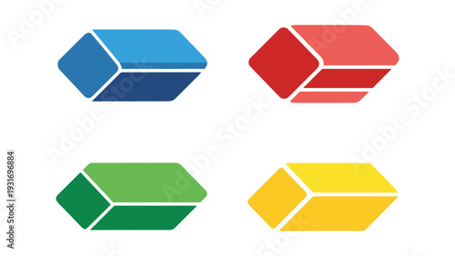 Four colored geometric shapes composed of connected rectangular prisms
