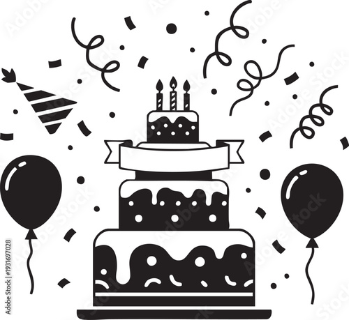 A festive birthday scene with a large cake and decorations