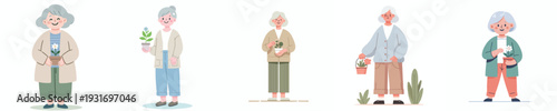 vector of a grandma holding a flower in a small pot