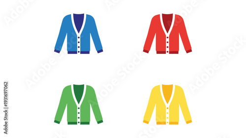 Four stylish v-neck cardigans in different vibrant colors displayed side by side