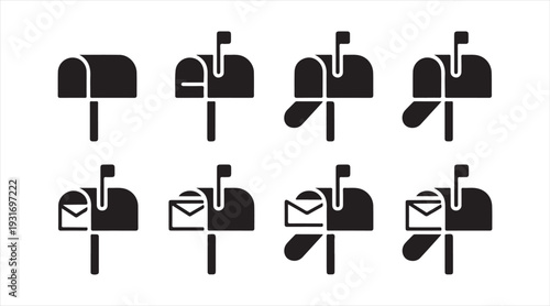 Mailbox icon set with postal mailboxes and letter symbols black silhouette vector collection isolated on white background