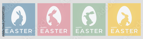 A set of modern pastel colored Easter cards featuring bunny silhouettes and eggs. Perfect for holiday greetings, printed materials, invitations, childrens events and seasonal branding.