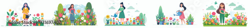 vector of a woman happily watering flowers in spring