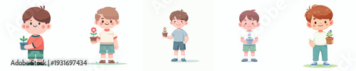 vector of a little boy holding a flower in a small pot