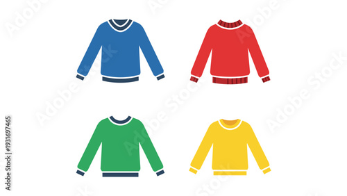 Four colorful long-sleeved sweaters displayed in a grid layout