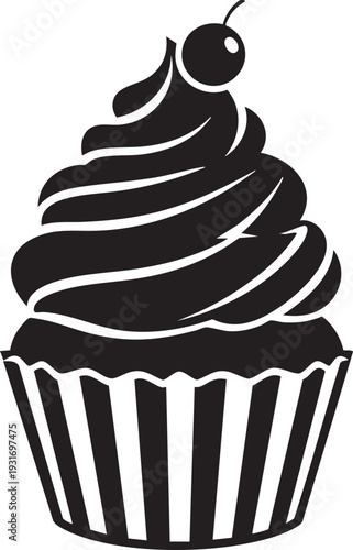 A delicious cupcake with chocolate frosting and a cherry on top sits in a striped wrapper.