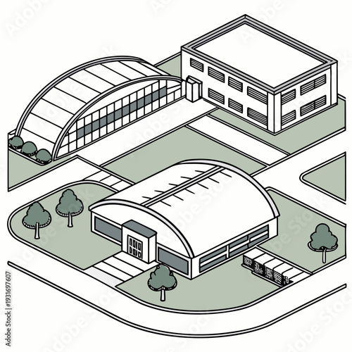 Futuristic research park aerial view with curved buildings and trees 1
