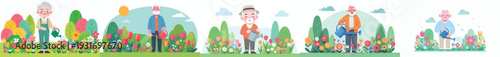 vector of a grandpa happily watering flowers in spring